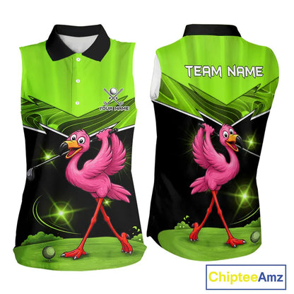 Funny Flamingo Green Sleeveless Golf Shirt Custom Flamingo Team ladies golf tops, funny golf gifts NQS11675