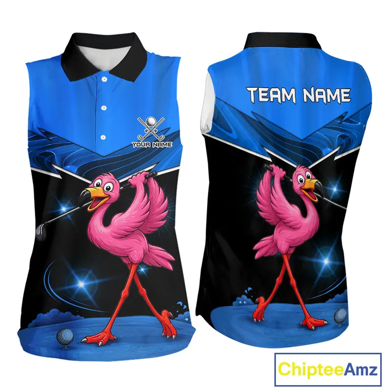Funny Flamingo Blue Sleeveless Golf Shirt Custom Flamingo Team ladies golf tops, funny golf gifts NQS11676