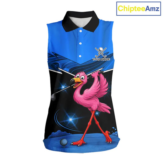 Funny Flamingo Blue Sleeveless Golf Shirt Custom Flamingo Team ladies golf tops, funny golf gifts NQS11676