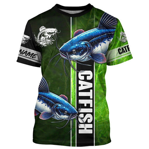 Catfish Fishing green Customize Name Long Sleeve Fishing Shirts, fishing gifts for men, women, kid NQS1728