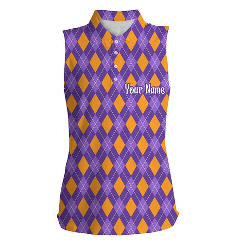 Orange and Purple argyle Halloween Seamless pattern custom Women sleeveless golf polo shirt NQS8142