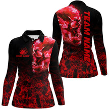 Load image into Gallery viewer, Black and Red Flame Skull camo bowling shirt for women custom bowling team jerseys, gifts for bowlers NQS8372