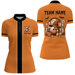 Orange retro Bowling Polo, Quarter Zip Shirt For Women Custom Funny Halloween Bowling Team Jerseys NQS8568