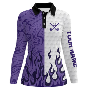 White & Purple Camo Flame Women Golf Polo Shirt Custom golf attire for ladies, personalized golf gift NQS8570