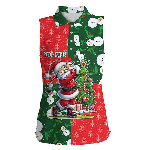 Funny Santa Golfer Red and green pattern Women sleeveless golf polo shirt custom Christmas golf tops NQS8820