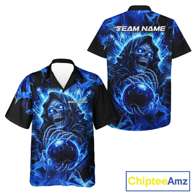 Blue Flame Skull Bowling Hawaiian Shirt Custom Bowling Reaper Team Bowling button up shirt NQS11348