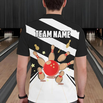 Personalized Red, white and black Retro bowling Polo, Quarter Zip shirt for Men, Bowling Team Jersey NQS9460