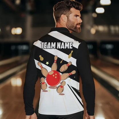 Personalized Red, white and black Retro bowling Polo, Quarter Zip shirt for Men, Bowling Team Jersey NQS9460