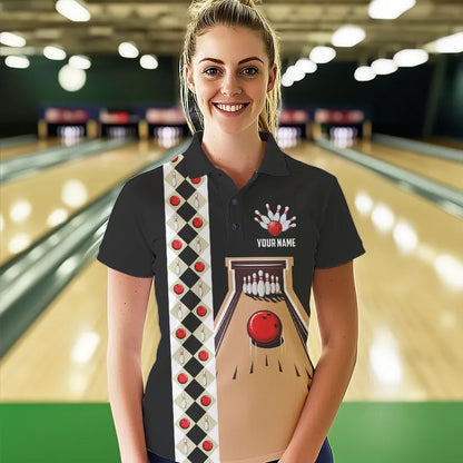 Personalized Red, white and black Retro bowling Polo, Quarter Zip shirt for women, Bowling Team Jersey NQS9460