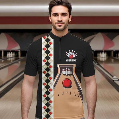 Personalized Red, white and black Retro bowling Polo, Quarter Zip shirt for Men, Bowling Team Jersey NQS9460