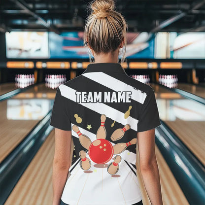 Personalized Red, white and black Retro bowling Polo, Quarter Zip shirt for women, Bowling Team Jersey NQS9460