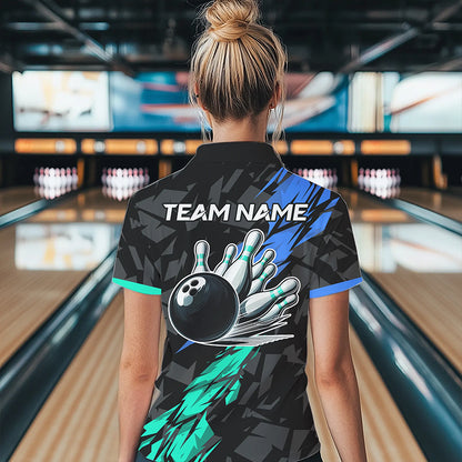 Personalized Black, Blue and Turquoise Camo Bowling Shirt For Women Custom Team Name Bowling Jerseys NQS9786