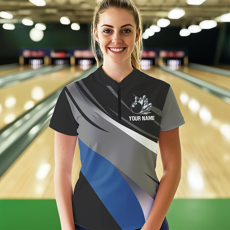 Personalized Black, Gray and Blue Bowling Shirts For Women, Bowling Balls And Pins Bowling Team Shirts NQS9784