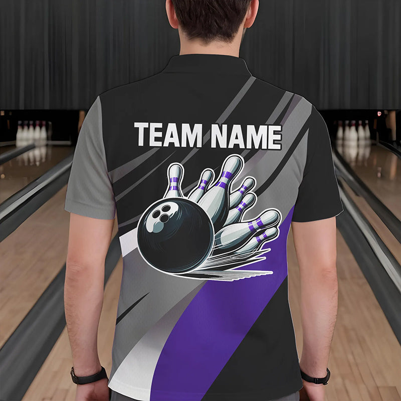 Personalized Black, Gray and Purple Bowling Shirts For Men, Bowling Balls And Pins Bowling Team Shirts NQS9785