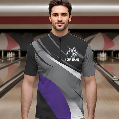 Personalized Black, Gray and Purple Bowling Shirts For Men, Bowling Balls And Pins Bowling Team Shirts NQS9785