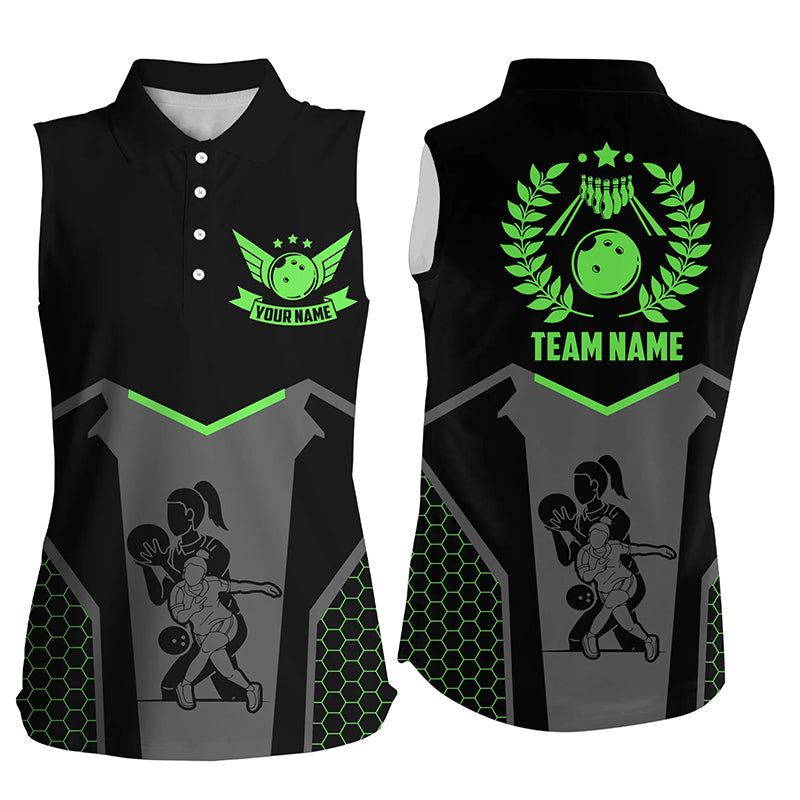 Black Bowling Jersey For Women Custom Retro Bowling Sleeveless Polo Shirt For Team Bowlers | Green NQS7550