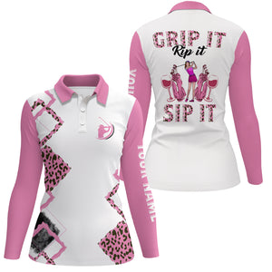 Womens golf polo shirt pink leopard custom name grip it rip it sip it, golf tops for ladies NQS5587