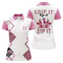 Load image into Gallery viewer, Womens golf polo shirt pink leopard custom name grip it rip it sip it, golf tops for ladies NQS5587