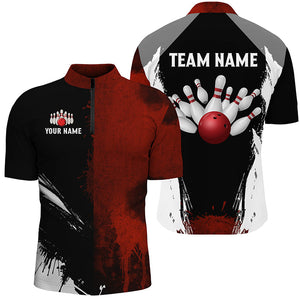 Black and red Bowling Polo, Quarter Zip Shirt For Men Custom Bowling Team jerseys, gift for bowlers NQS7948