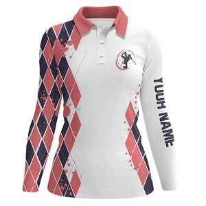 Blue and Pink argyle pattern White Golf Polo Shirt for Women Custom women's golf clothing NQS8575