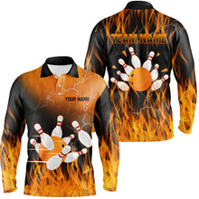 Load image into Gallery viewer, Black and Orange Flame Bowling Polo, Quarter zip Shirt For Men Custom Team Bowling Jerseys with name NQS8826