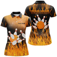 Load image into Gallery viewer, Black and Orange Flame Bowling Polo, Quarter zip Shirt For Women Custom Team Bowling Jerseys with name NQS8826