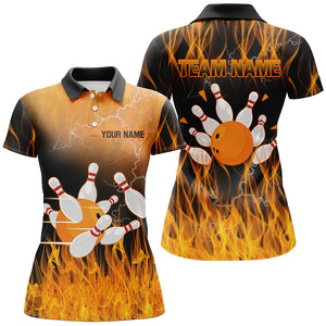 Black and Orange Flame Bowling Polo, Quarter zip Shirt For Women Custom Team Bowling Jerseys with name NQS8826