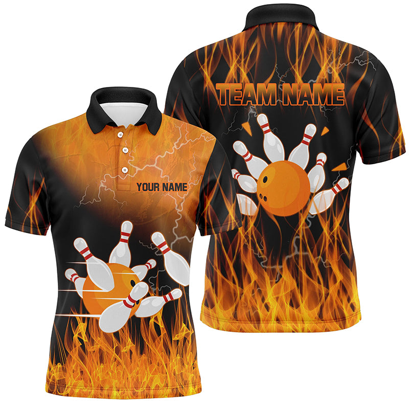 Black and Orange Flame Bowling Polo, Quarter zip Shirt For Men Custom Team Bowling Jerseys with name NQS8826