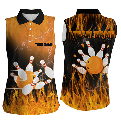 Black and Orange Flame Bowling Sleeveless Polo Shirt For Women Custom Team Bowling Jerseys with name NQS8826