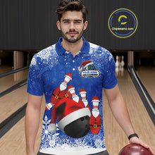Load image into Gallery viewer, Mens bowling shirts Custom Funny Christmas snowflake Santa Bowling Ball pins Team Jersey | Blue NQS11142