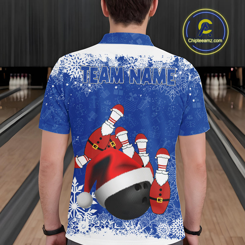 Mens bowling shirts Custom Funny Christmas snowflake Santa Bowling Ball pins Team Jersey | Blue NQS11142