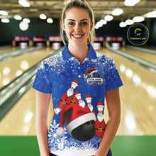 Load image into Gallery viewer, Womens bowling shirts Custom Funny Christmas snowflake Santa Bowling Ball pins Team Jersey | Blue NQS11142