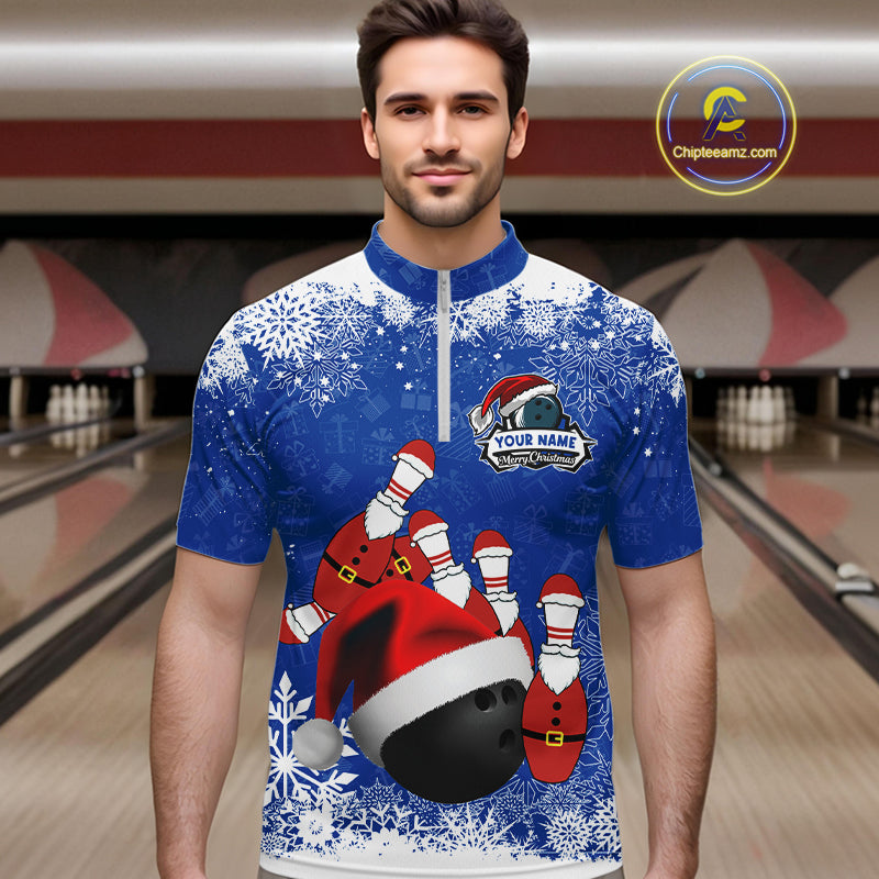 Mens bowling shirts Custom Funny Christmas snowflake Santa Bowling Ball pins Team Jersey | Blue NQS11142