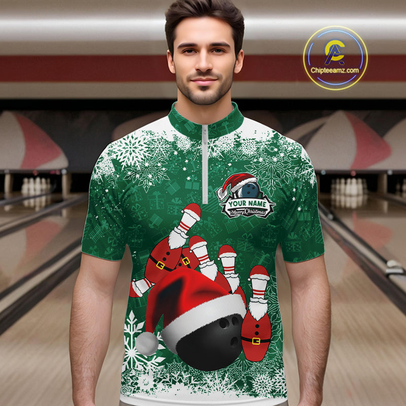 Mens bowling shirts Custom Funny Christmas snowflake Santa Bowling Ball pins Team Jersey | Green NQS11143