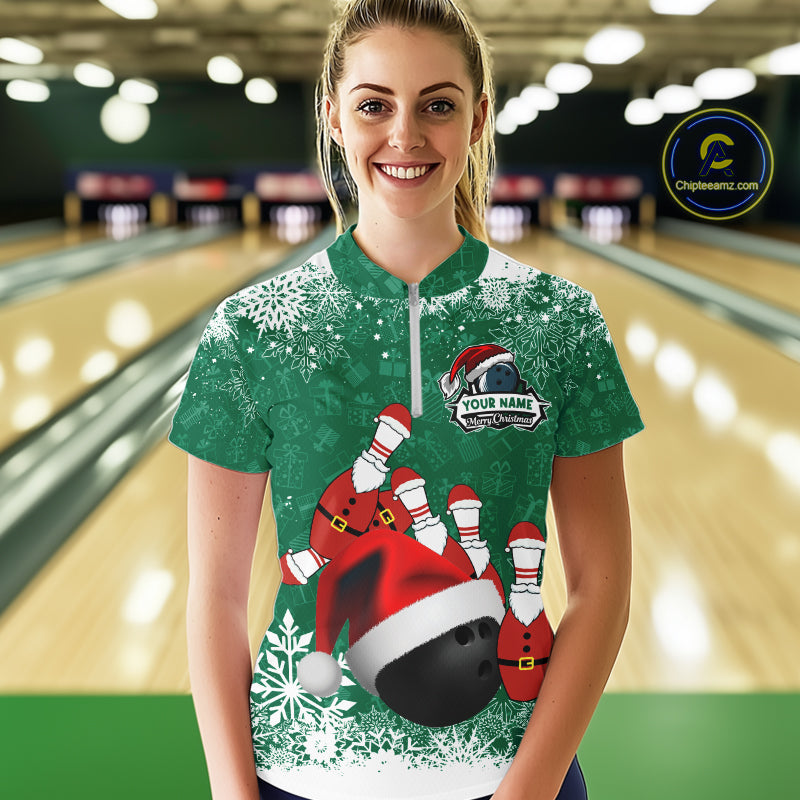 Womens bowling shirts Custom Funny Christmas snowflake Santa Bowling Ball pins Team Jersey | Green NQS11143