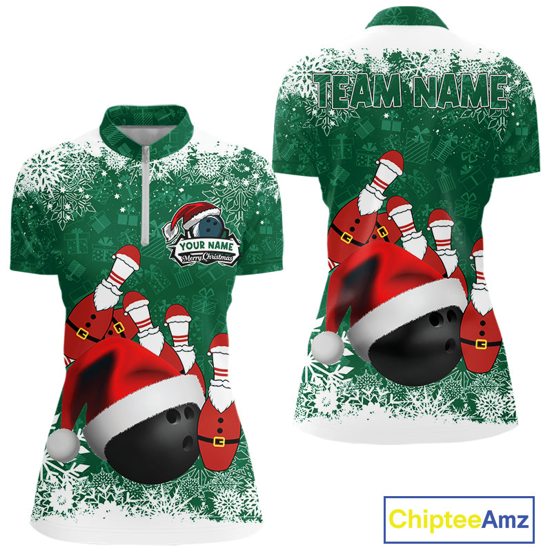 Womens bowling shirts Custom Funny Christmas snowflake Santa Bowling Ball pins Team Jersey | Green NQS11143