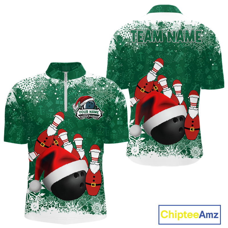 Mens bowling shirts Custom Funny Christmas snowflake Santa Bowling Ball pins Team Jersey | Green NQS11143