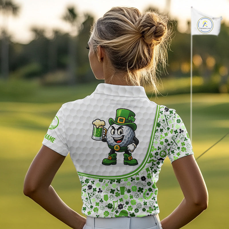 Personalized Funny Golf beer Green clover pattern golf clubs St Patrick's Day polo shirt for women NQS11144