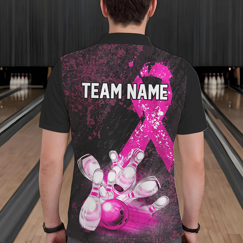 Personalized Pink Ribbons Grunge Bowling Shirts For Men, Custom breast cancer bowling Team shirts NQS9613