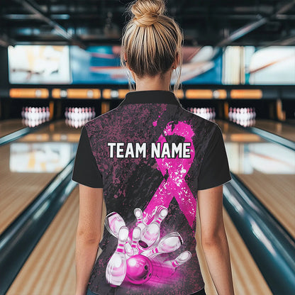 Personalized Pink Ribbons Grunge Bowling Shirts For Women, Custom breast cancer bowling Team shirts NQS9613