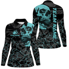 Load image into Gallery viewer, Black Skull camo bowling shirt for women custom bowling team jerseys, gifts for bowlers | Turquoise NQS7567