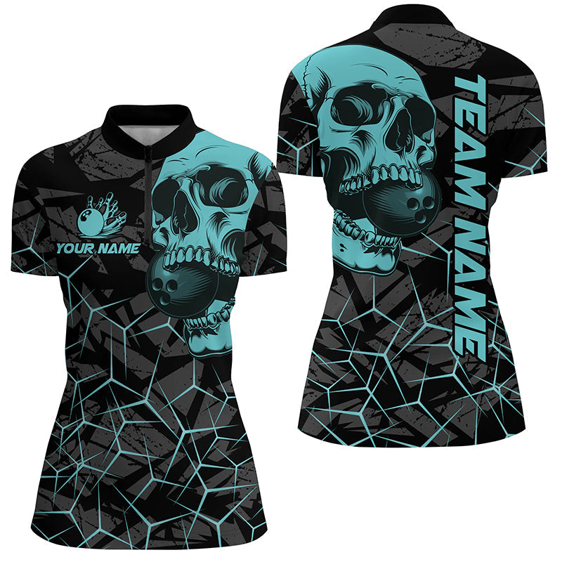 Black Skull camo bowling shirt for women custom bowling team jerseys, gifts for bowlers | Turquoise NQS7567