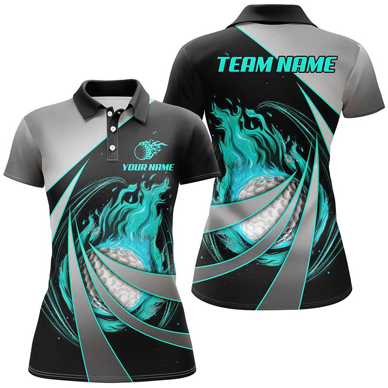 Womens golf polos shirts custom flame golf ball shirts for women, personalized golf gifts | Cyan Blue NQS7957