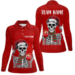 Skull Christmas Women Bowling Polo, Quarter Zip shirt custom bowling jersey Xmas Gift for team | Red NQS8835