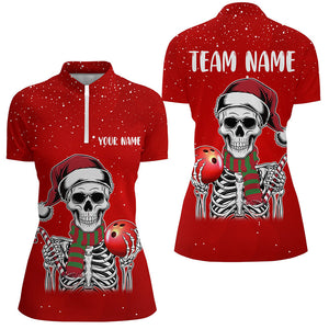 Skull Christmas Women Bowling Polo, Quarter Zip shirt custom bowling jersey Xmas Gift for team | Red NQS8835