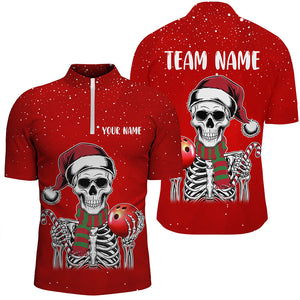 Skull Christmas Bowling Polo, Quarter Zip shirt for Men custom bowling jersey Xmas Gift for team | Red NQS8835