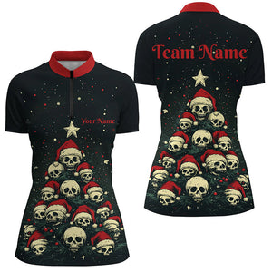 Funny Skull Christmas Tree Women Bowling Polo, Quarter Zip shirts custom Xmas Team bowling jerseys NQS8836