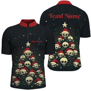 Funny Skull Christmas Tree Mens Bowling Polo, Quarter Zip shirts custom Xmas Team bowling jerseys NQS8836