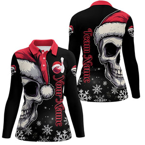 Red and Black Christmas Skull Women Bowling Polo, Quarter Zip shirts custom Xmas Team bowling jerseys NQS8837