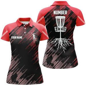 Red Disc golf basket camo custom name & number Women disc golf polo shirts, disc golf outfit NQS9066